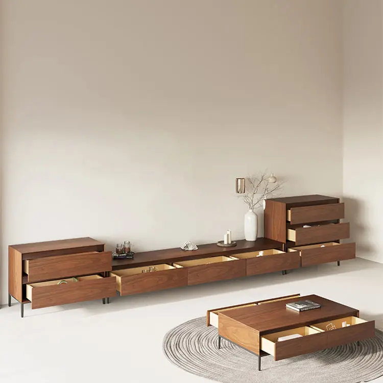 Simple Modern TV Cabinet Coffee Table Set Nordic Living Room Walnut Color Home Use Large and Small Sizes Slate TV Cabinet — image 3