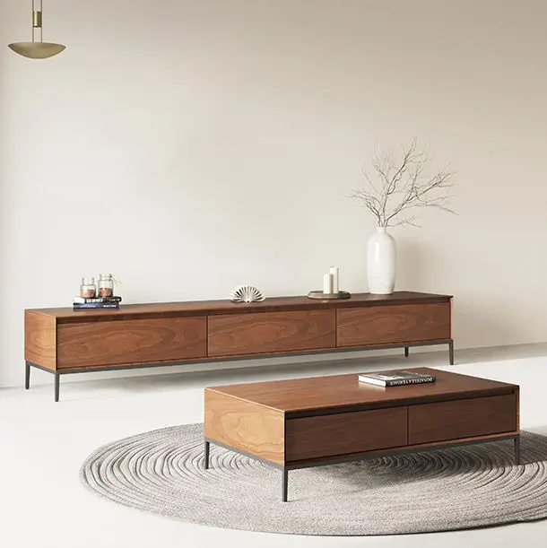 Simple Modern TV Cabinet Coffee Table Set Nordic Living Room Walnut Color Home Use Large and Small Sizes Slate TV Cabinet — image 4
