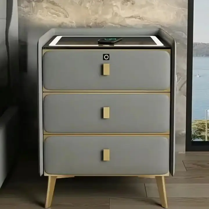 Luxury-lite Solid Wood Bedside Table, Modern Minimalist Three-layer Drawer, 60cm High Storage Cabinet, Leather Cabinet — view 1