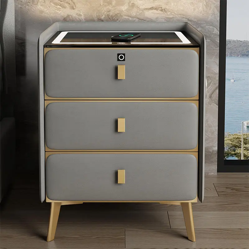 Luxury-lite Solid Wood Bedside Table, Modern Minimalist Three-layer Drawer, 60cm High Storage Cabinet, Leather Cabinet — image 3
