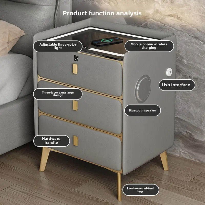 Luxury-lite Solid Wood Bedside Table, Modern Minimalist Three-layer Drawer, 60cm High Storage Cabinet, Leather Cabinet — image 4