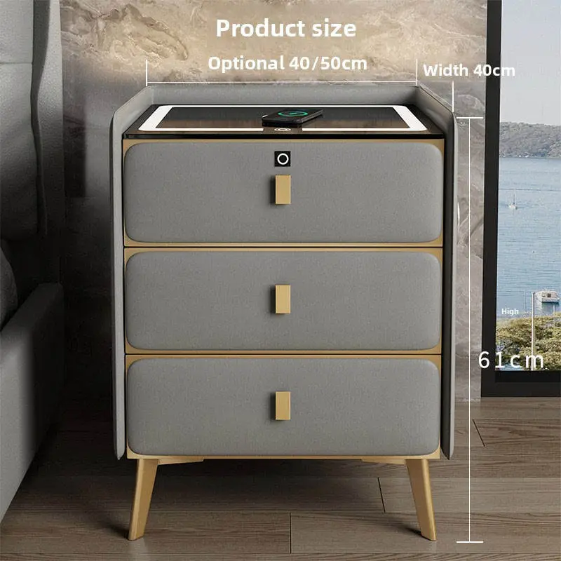 Luxury-lite Solid Wood Bedside Table, Modern Minimalist Three-layer Drawer, 60cm High Storage Cabinet, Leather Cabinet — image 5