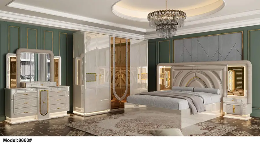 Factory Wholesale Modern Style Luxury Suite Bedroom Furniture Set 5-Piece Set Wardrobe King Bed Bed End Bench Dressing Table — image 3