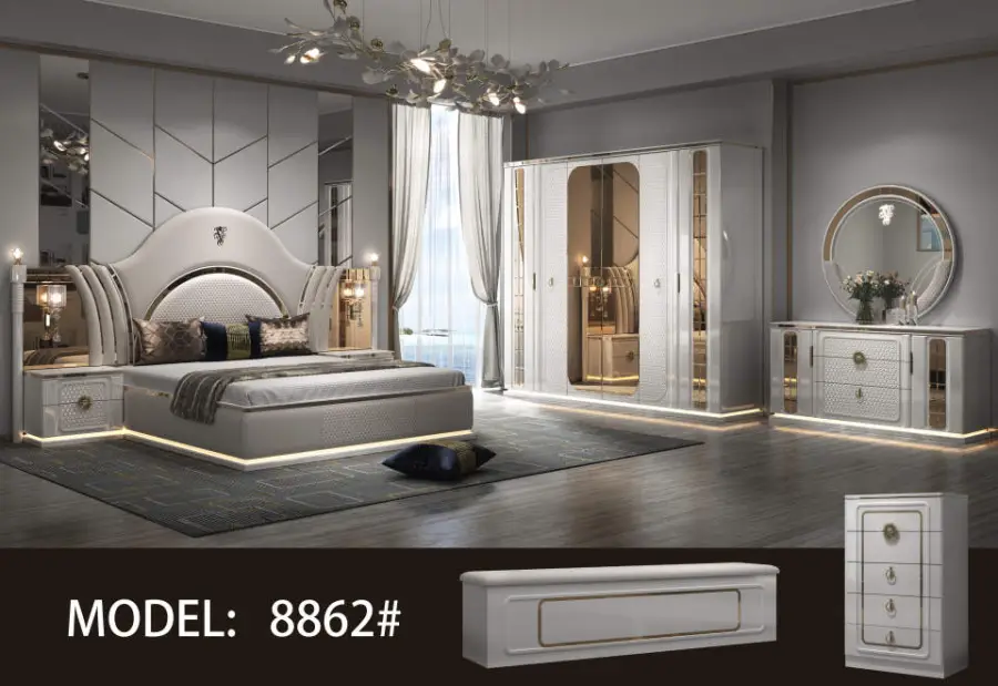 Factory Wholesale Modern Style Luxury Suite Bedroom Furniture Set 5-Piece Set Wardrobe King Bed Bed End Bench Dressing Table — image 4