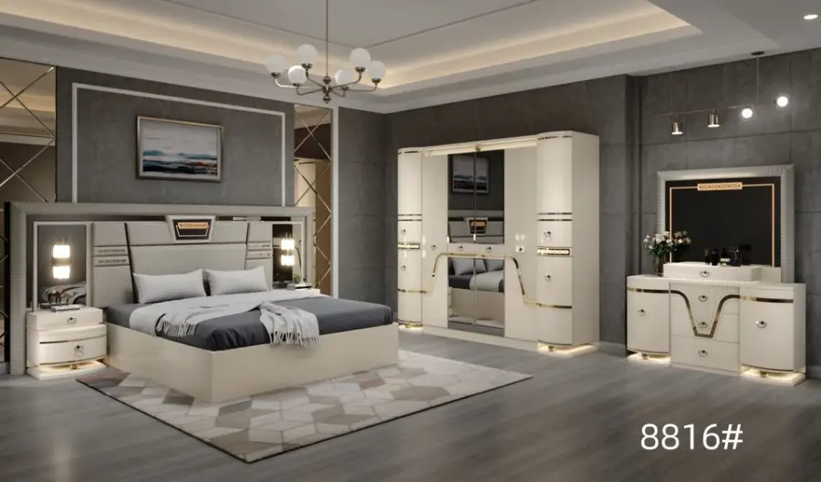 Factory Wholesale Modern Style Luxury Suite Bedroom Furniture Set 5-Piece Set Wardrobe King Bed Bed End Bench Dressing Table — image 6