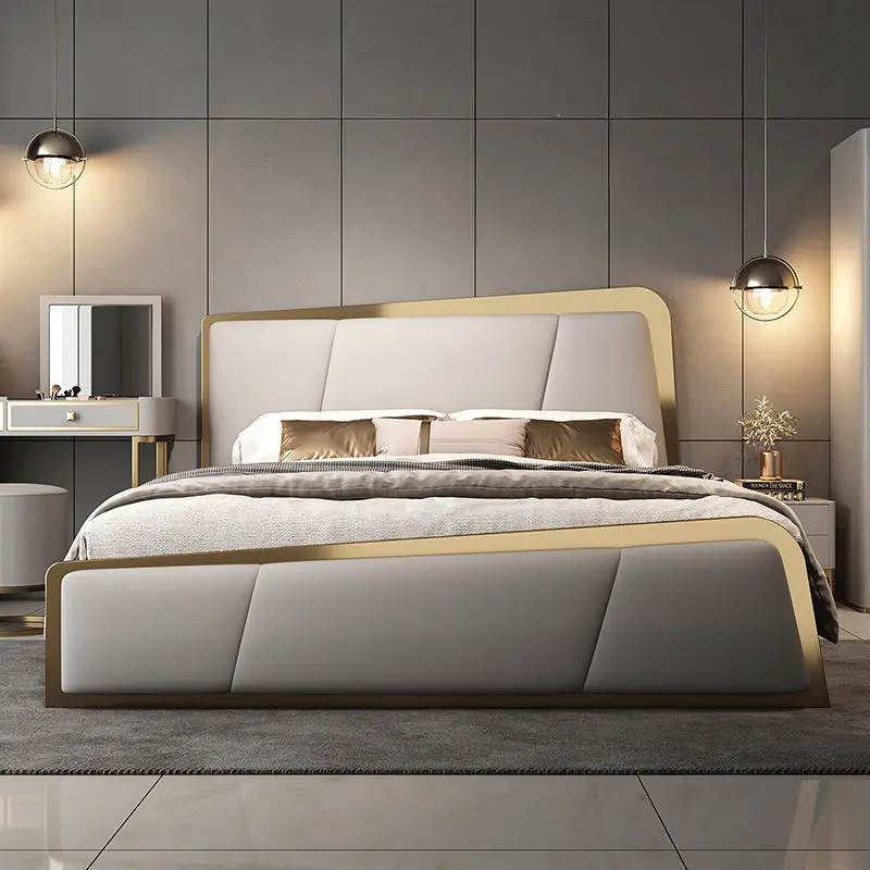Modern Leather Bed Storage Bed Frame with Upholstered Headboard Gold Stainless Steel Stylish Luxury Beds for Home Hotel — view 1