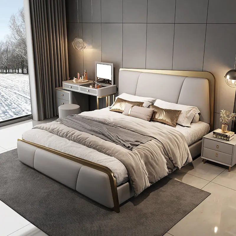 Modern Leather Bed Storage Bed Frame with Upholstered Headboard Gold Stainless Steel Stylish Luxury Beds for Home Hotel — image 2
