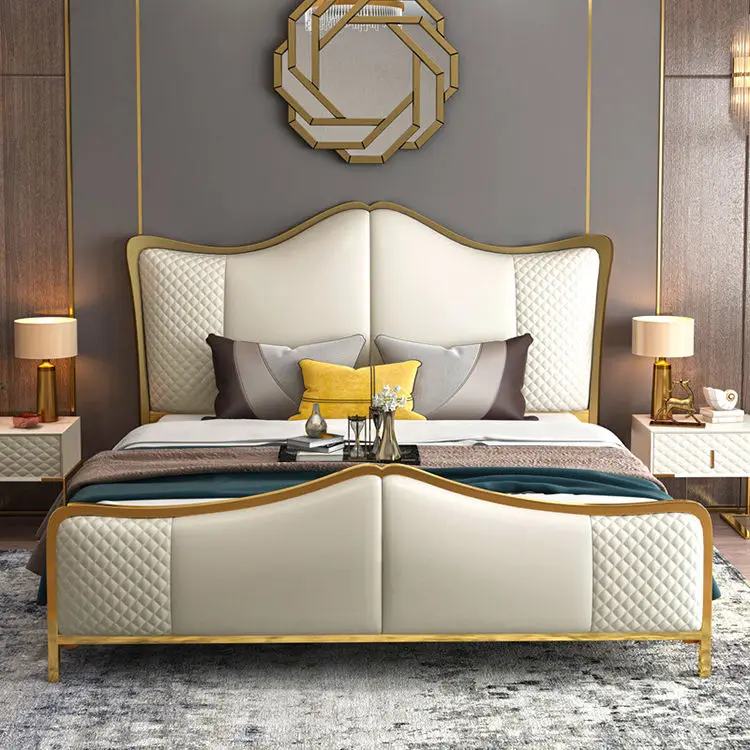 Luxury Upholstered Genuine Leather Bed Hotel Bedroom Sets Customizable Size Bed Room Furniture Modern Home Frame Wood Be — view 1