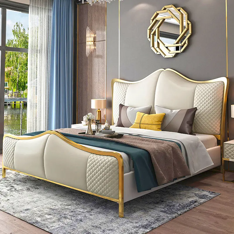 Luxury Upholstered Genuine Leather Bed Hotel Bedroom Sets Customizable Size Bed Room Furniture Modern Home Frame Wood Beds — image 2