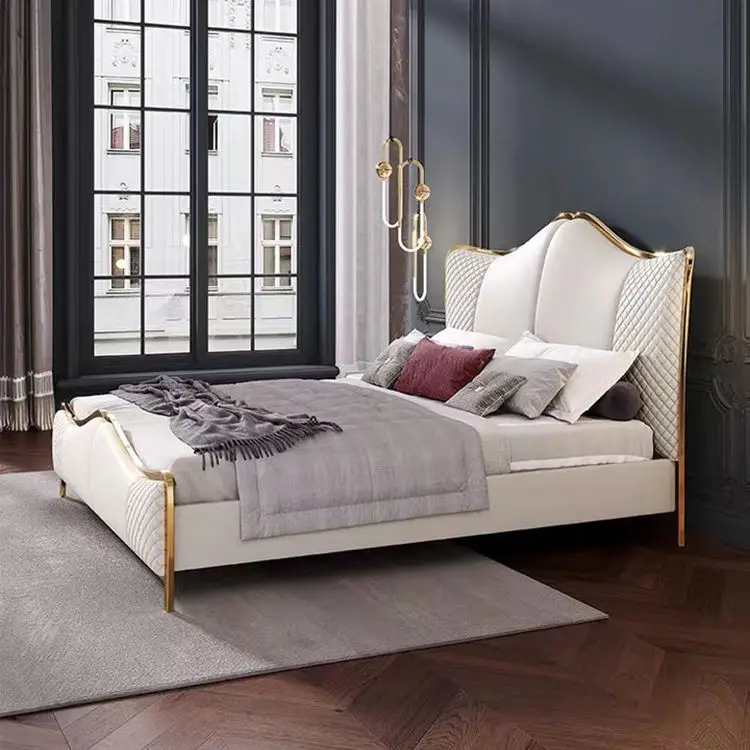 Luxury Upholstered Genuine Leather Bed Hotel Bedroom Sets Customizable Size Bed Room Furniture Modern Home Frame Wood Beds — image 3