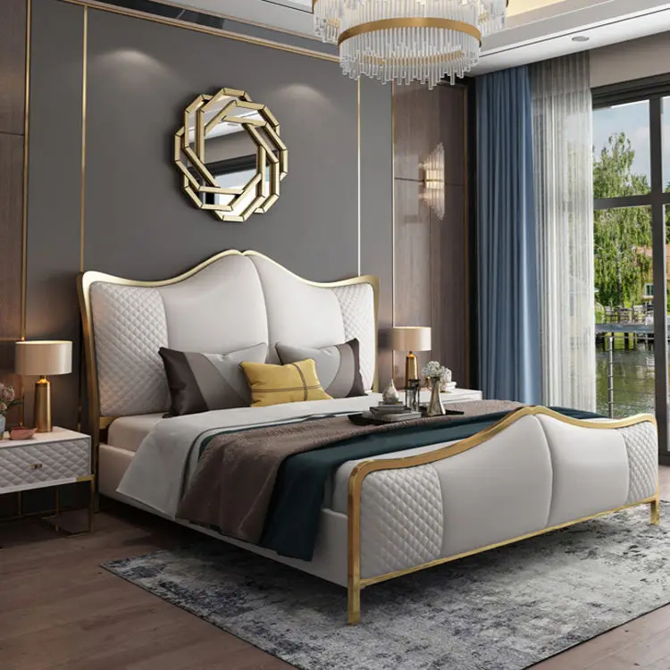 Luxury Upholstered Genuine Leather Bed Hotel Bedroom Sets Customizable Size Bed Room Furniture Modern Home Frame Wood Beds — image 4