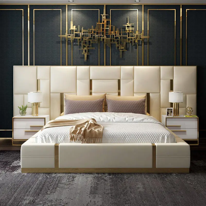 Wholesale Price Large Beds White Creamy Luxury Master Bed with Leather Headboard king Size Bedroom Furniture with OEM Se — view 1