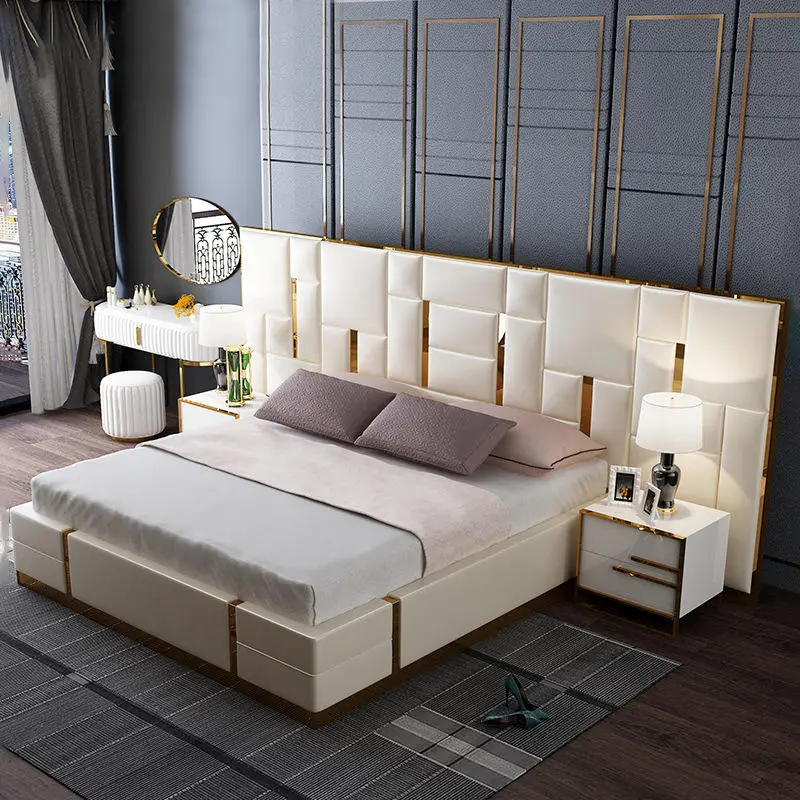 Wholesale Price Large Beds White Creamy Luxury Master Bed with Leather Headboard king Size Bedroom Furniture with OEM Service — image 3