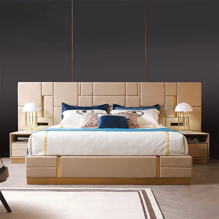 Wholesale Price Large Beds White Creamy Luxury Master Bed with Leather Headboard king Size Bedroom Furniture with OEM Service — image 4