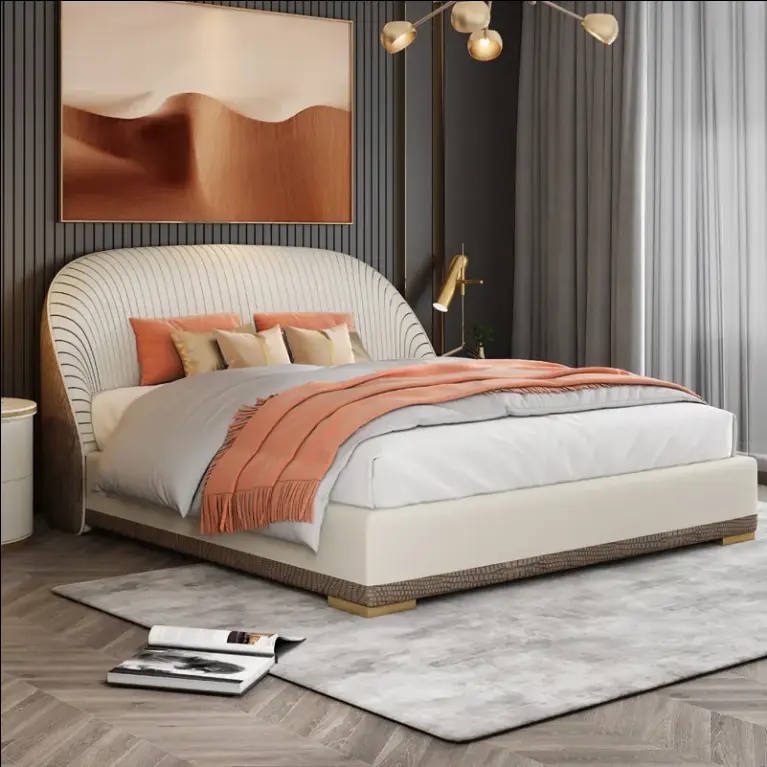 Royal Luxury Bedroom Furniture for Villa and Hotel Fold Headboard king Size Storage Bed Leather Modern Designs — image 2