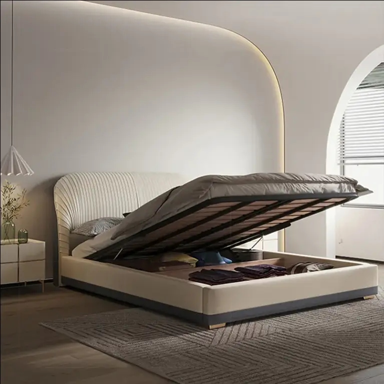 Royal Luxury Bedroom Furniture for Villa and Hotel Fold Headboard king Size Storage Bed Leather Modern Designs — image 4