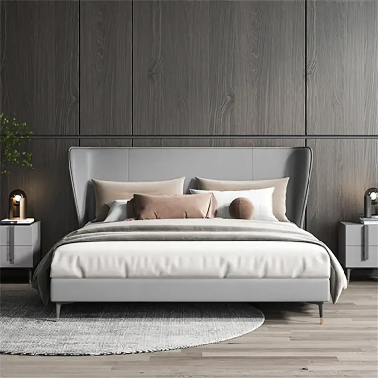 Auxford High Quality Luxury Genuine Leather King Size Bed Frame Oversize Headboard Solid Wood Construction Customizable Size — image 2