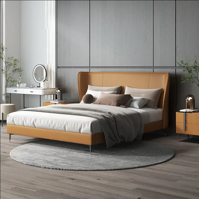 Auxford High Quality Luxury Genuine Leather King Size Bed Frame Oversize Headboard Solid Wood Construction Customizable Size — image 3