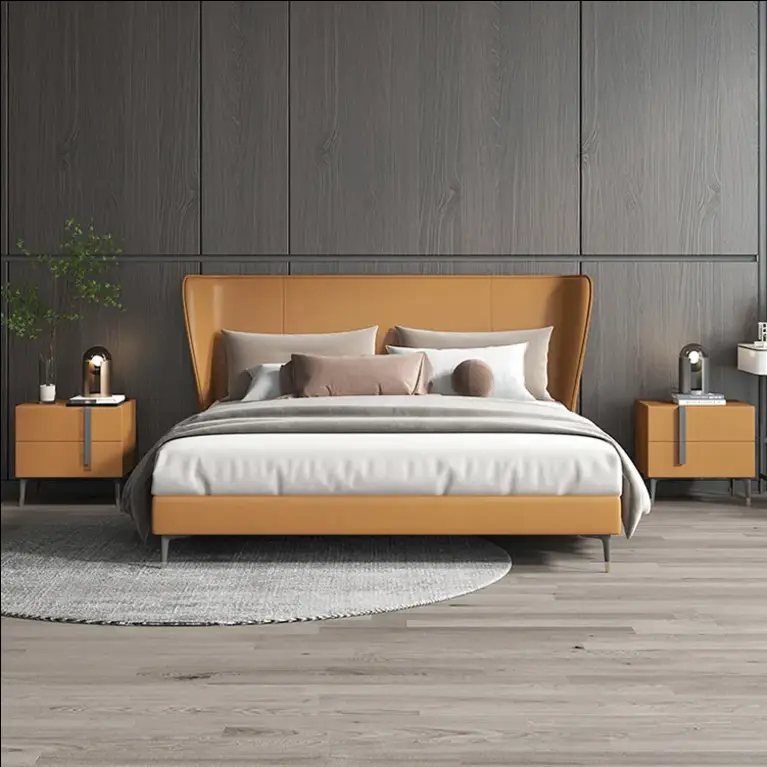 Auxford High Quality Luxury Genuine Leather King Size Bed Frame Oversize Headboard Solid Wood Construction Customizable Size — image 4
