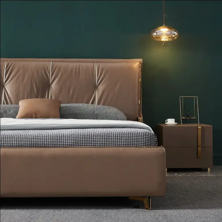 Italian Minimalist Brown Genuine Leather Soft Bed with Storage Upholstered Modern Solid Wood King Size Bedroom Furniture — image 2
