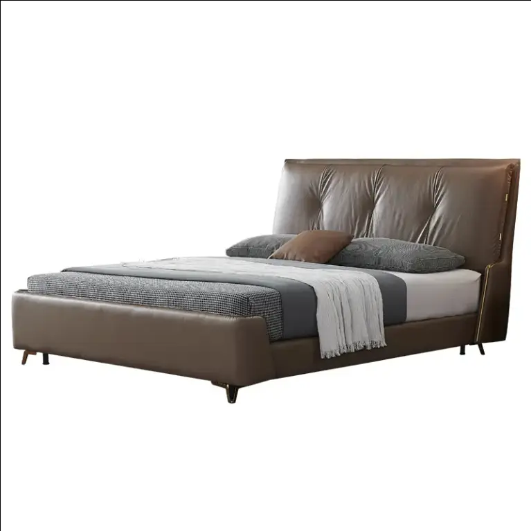 Italian Minimalist Brown Genuine Leather Soft Bed with Storage Upholstered Modern Solid Wood King Size Bedroom Furniture — image 4