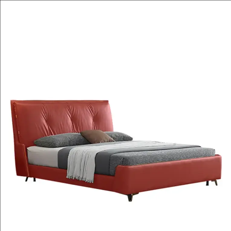 Italian Minimalist Brown Genuine Leather Soft Bed with Storage Upholstered Modern Solid Wood King Size Bedroom Furniture — image 5