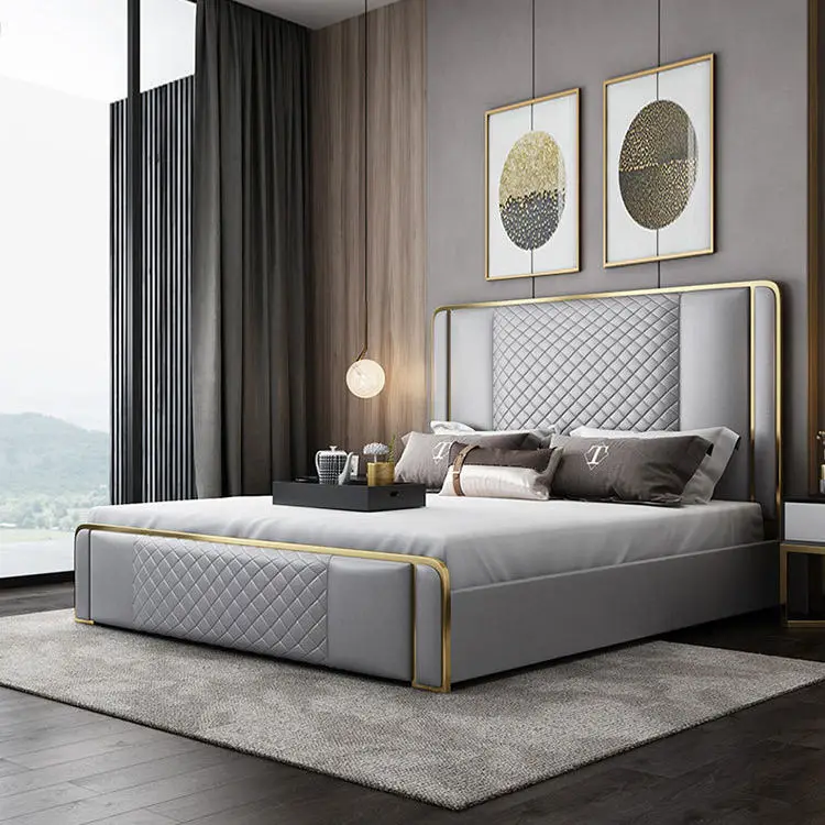 Auxford Modern Genuine Leather Solid Wood Unique Soft Bed Frames Queen/King Size High Backrest Headboard Storage Custom — view 1