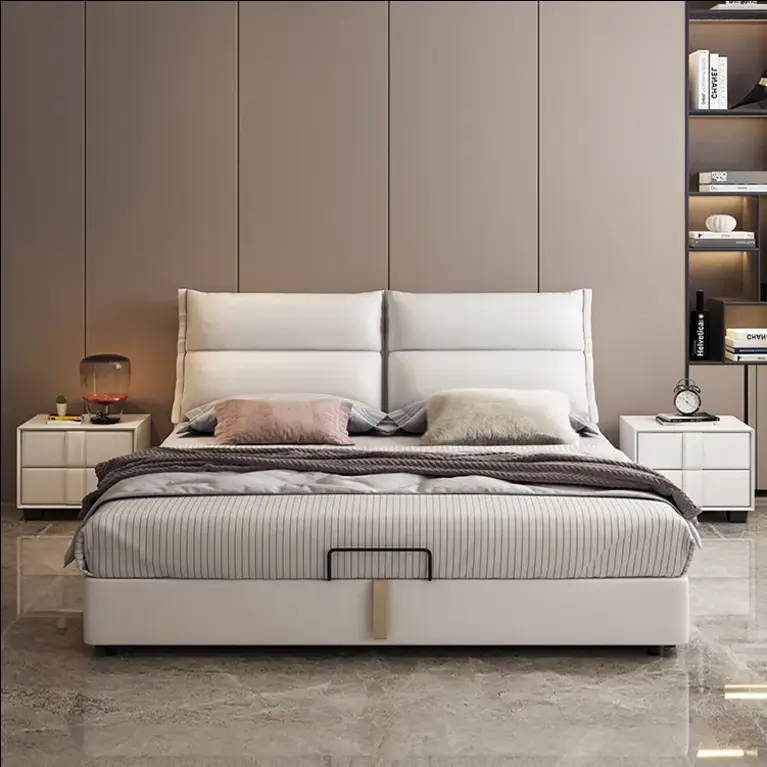Hotel Home Bedroom Furniture Modern Soft Upholstered Bed with Headboard PU Leather Storage Solid Wood Frame King & Queen Sizes — image 2
