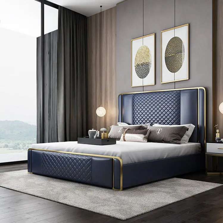 Auxford Modern Genuine Leather Solid Wood Unique Soft Bed Frames Queen/King Size High Backrest Headboard Storage Custom Color — image 4
