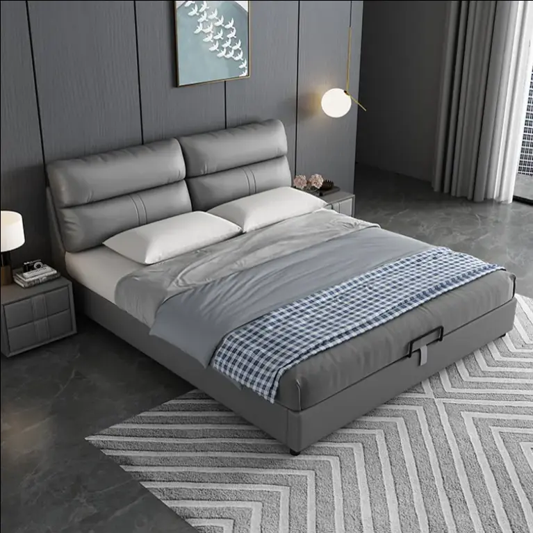 Hotel Home Bedroom Furniture Modern Soft Upholstered Bed with Headboard PU Leather Storage Solid Wood Frame King & Queen Sizes — image 3