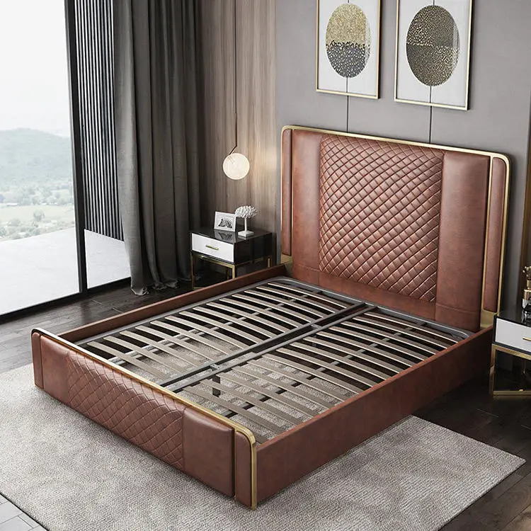 Auxford Modern Genuine Leather Solid Wood Unique Soft Bed Frames Queen/King Size High Backrest Headboard Storage Custom Color — image 5