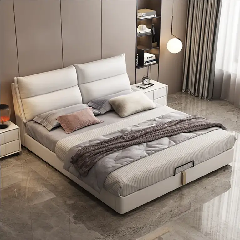 Hotel Home Bedroom Furniture Modern Soft Upholstered Bed with Headboard PU Leather Storage Solid Wood Frame King & Queen Sizes — image 4