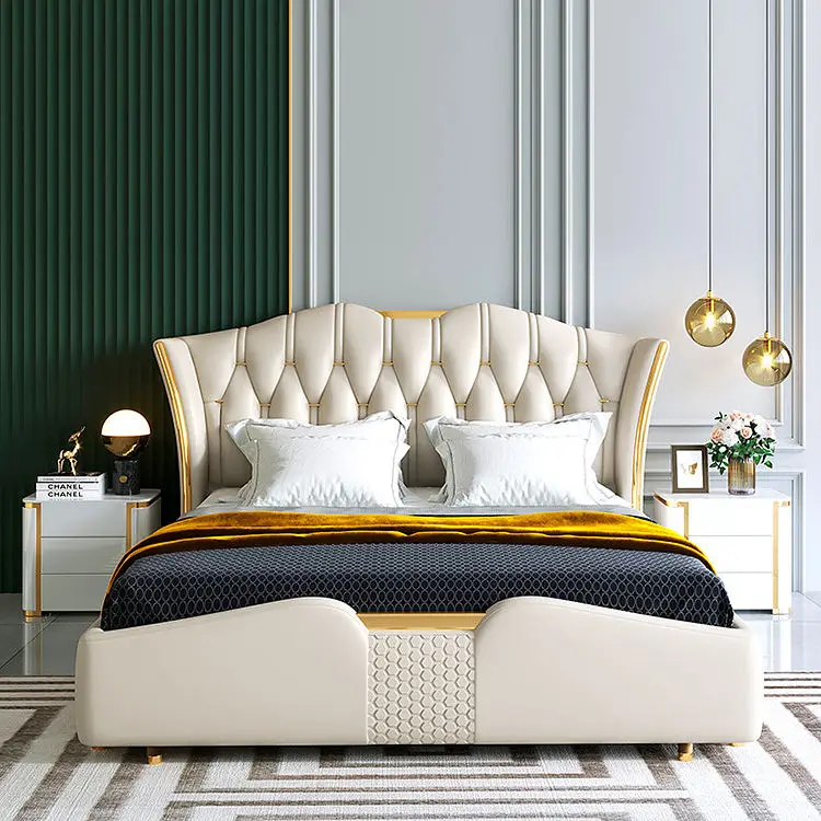 Upholstered Platform Bed Luxury High Headboard Foam Modern king Size Bedroom Furniture Queen Size Leather Bed Frame — image 4