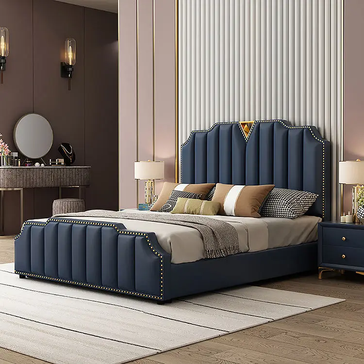 Home Furniture Modern Leather Upholstered Solid Wood king Queen Size Bed Frame for Hotel Living Room — view 1