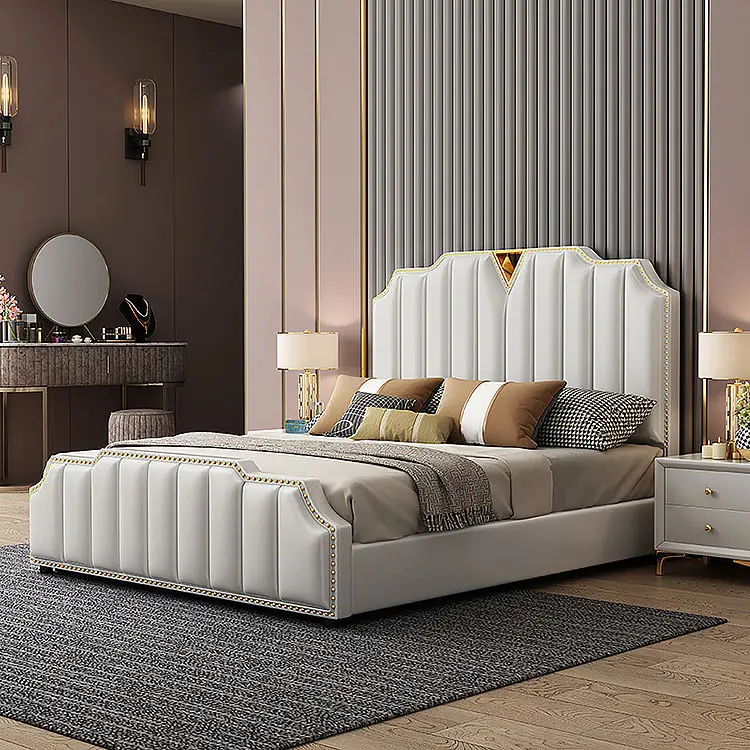 Home Furniture Modern Leather Upholstered Solid Wood king Queen Size Bed Frame for Hotel Living Room — image 2