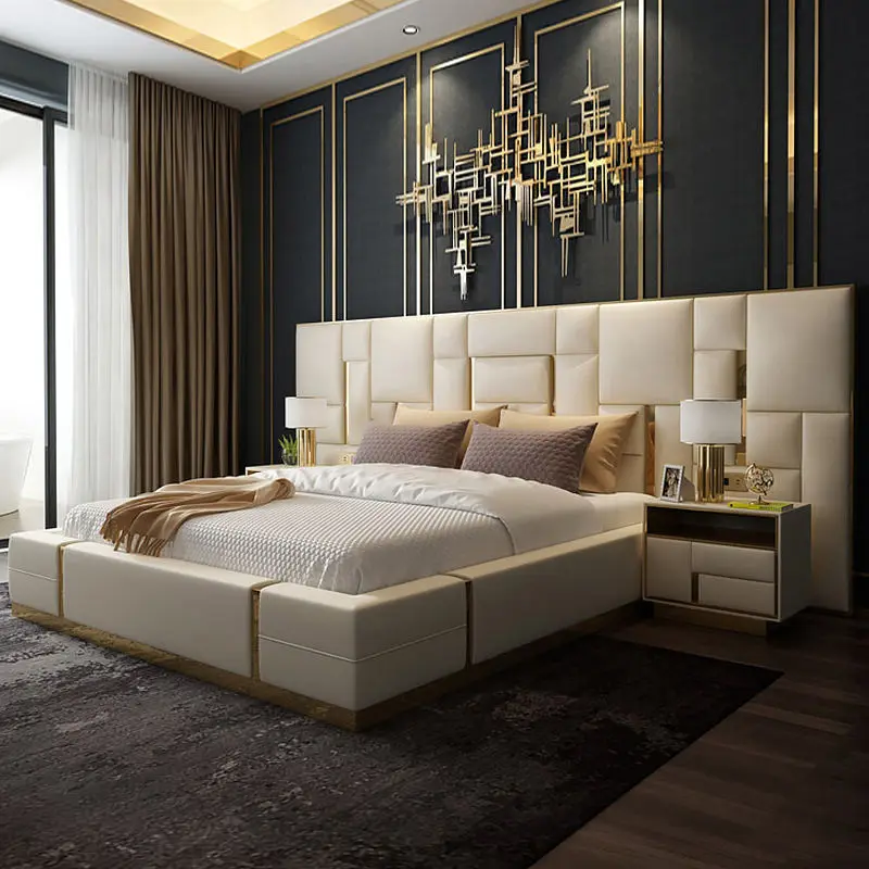 Auxford Customized Luxury Bedroom Furniture Set King Size Modern Tufted Solid Wood Frame Genuine Leather Bed Storage Ove — view 1