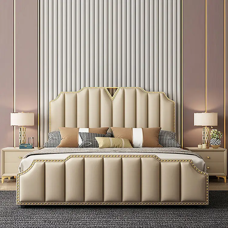 Home Furniture Modern Leather Upholstered Solid Wood king Queen Size Bed Frame for Hotel Living Room — image 3