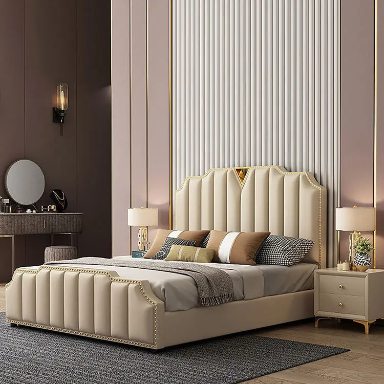 Home Furniture Modern Leather Upholstered Solid Wood king Queen Size Bed Frame for Hotel Living Room — image 4