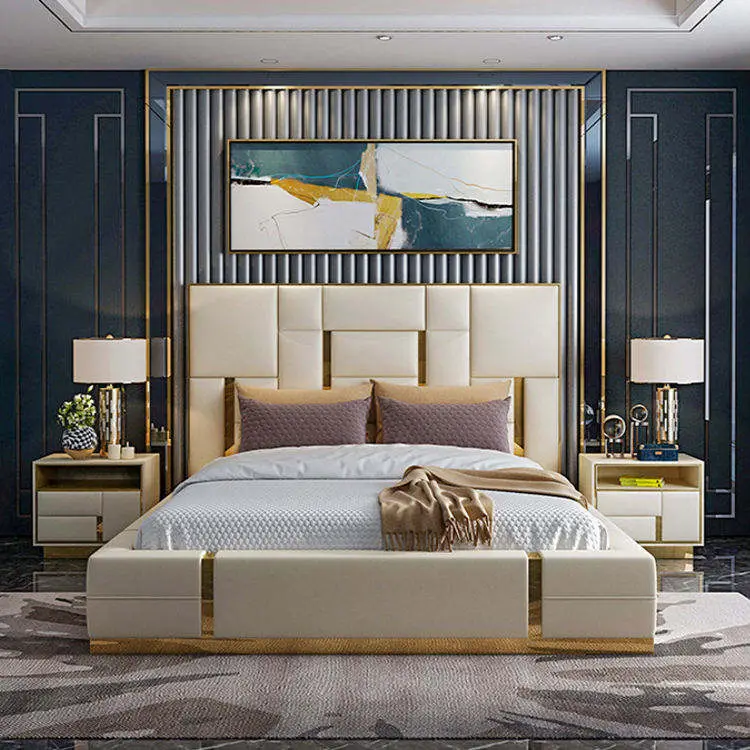 Auxford Customized Luxury Bedroom Furniture Set King Size Modern Tufted Solid Wood Frame Genuine Leather Bed Storage Oversize — image 3
