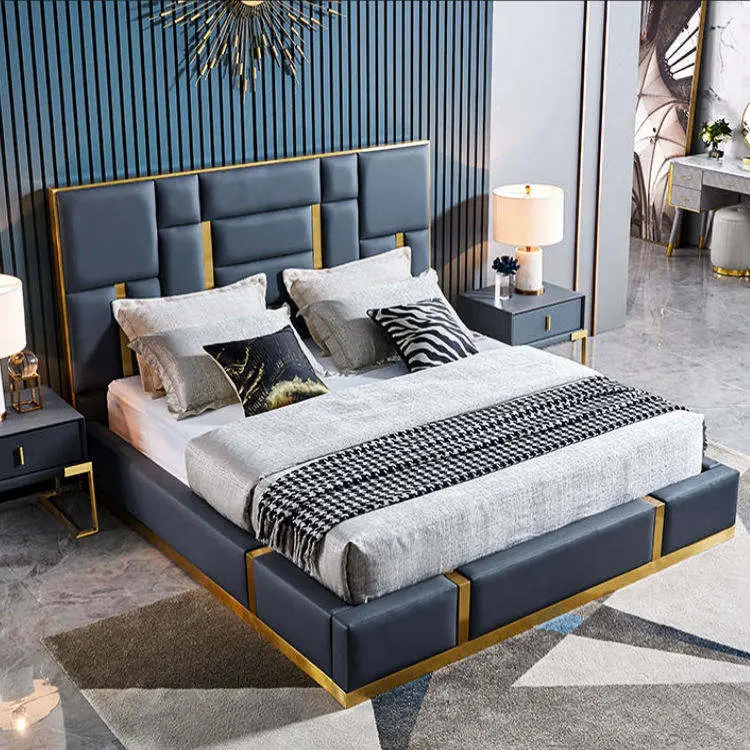 Auxford Customized Luxury Bedroom Furniture Set King Size Modern Tufted Solid Wood Frame Genuine Leather Bed Storage Oversize — image 4