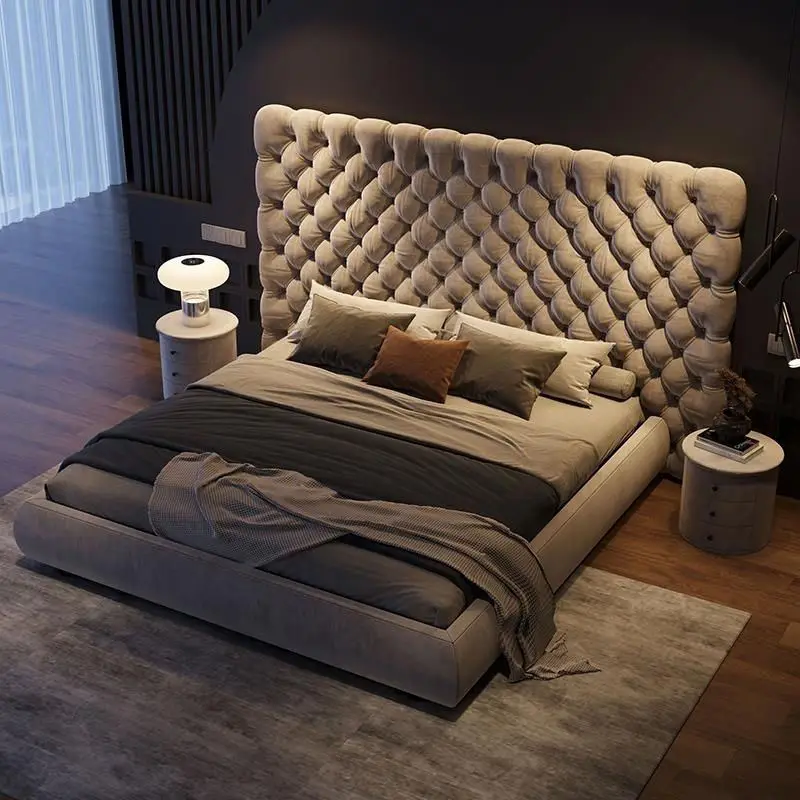 Modern Luxury Full Bedroom Furniture Set Pine Wood Home Master Room Double Wooden Fabric King Size Bed — view 1