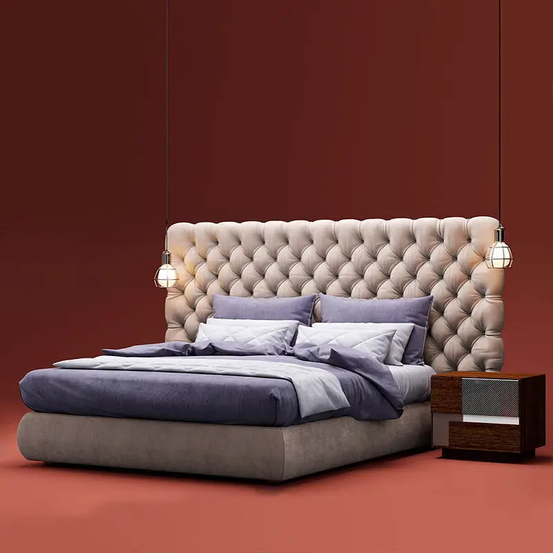 Modern Luxury Full Bedroom Furniture Set Pine Wood Home Master Room Double Wooden Fabric King Size Bed — image 2
