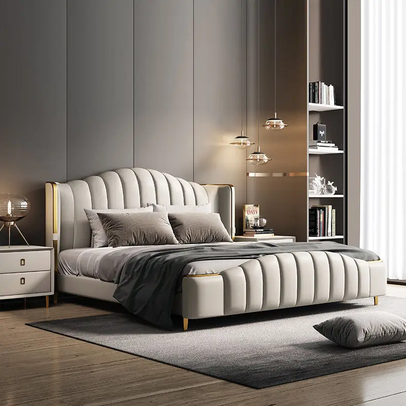 Light Luxury Leather Bed Queen Size Modern Nordic Minimalist Bedroom Wedding Soft Bed for Home Hotel Apartment Villa — image 4