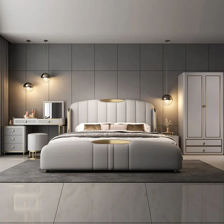 Light Luxury Solid Wood Double Bed Luxury Leather King Bed Cushioned Backrest Bedroom Furniture Set — image 2