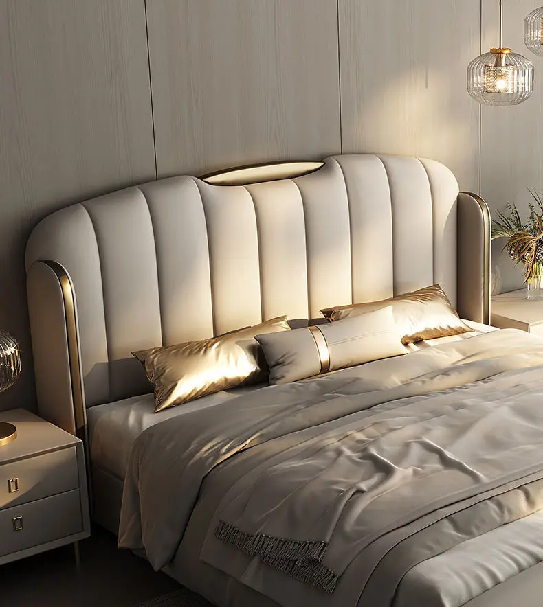 Light Luxury Solid Wood Double Bed Luxury Leather King Bed Cushioned Backrest Bedroom Furniture Set — image 6