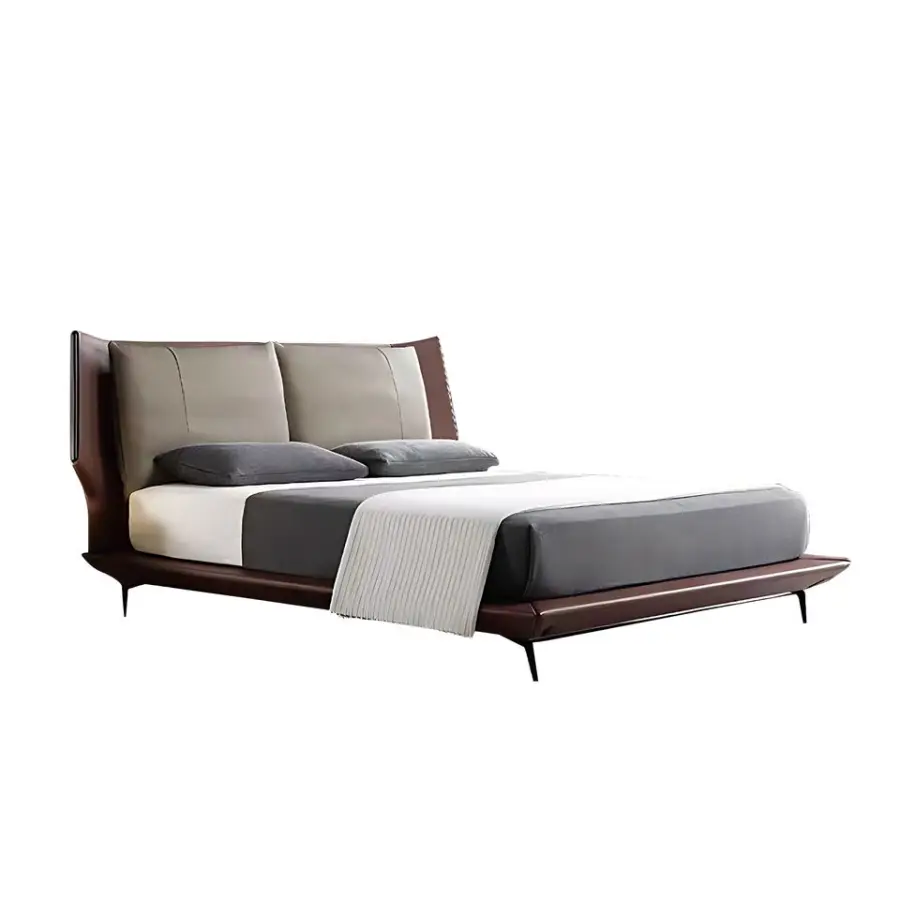 Luxury Italian Style Simple Upholstered Beds Set Slim Wingback Headboard Hotel Villa Leather King Size Bed — view 1
