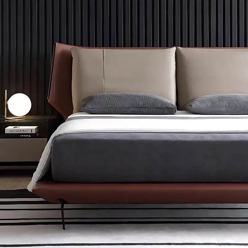 Luxury Italian Style Simple Upholstered Beds Set Slim Wingback Headboard Hotel Villa Leather King Size Bed — image 4