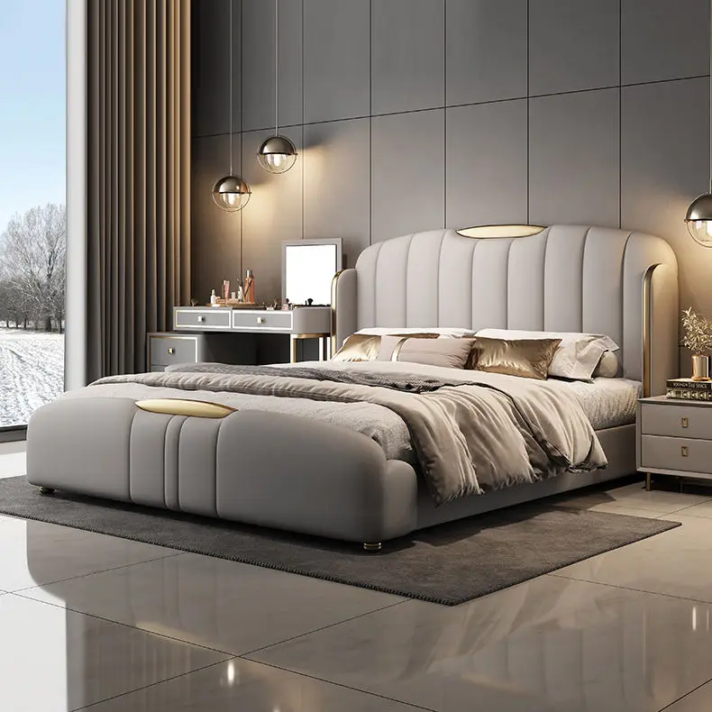 Modern Luxury Leather Bed Storage High-end King Size Double Bed Soft Headboard High Density Sponge Metal Frame Home Furniture — image 2