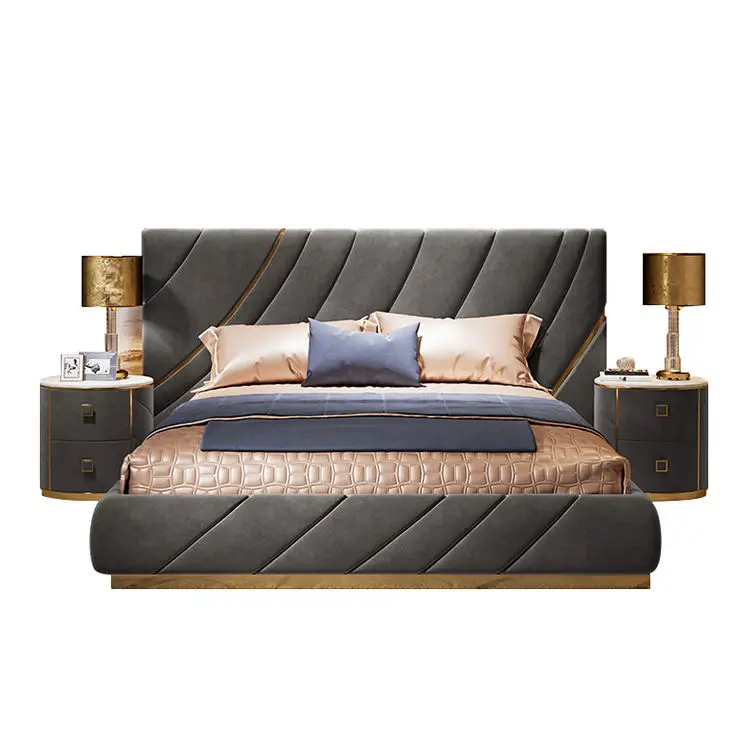 Luxury Bedroom Furniture Set Italian Customized Leather Big Headboard Up-holstered Bed Frame Modern king Size Bed — view 1