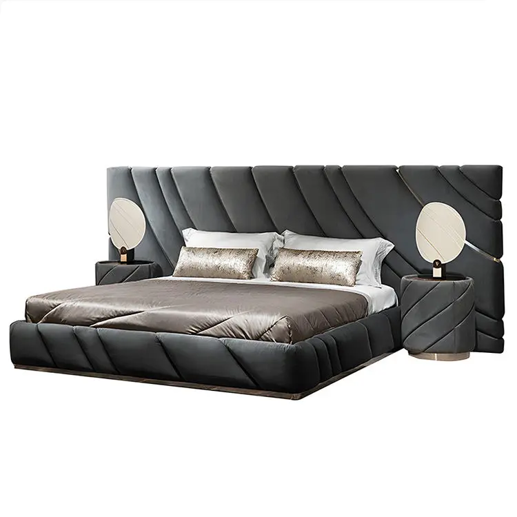 Luxury Bedroom Furniture Set Italian Customized Leather Big Headboard Up-holstered Bed Frame Modern king Size Bed — image 3